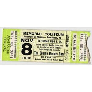 1980 Charlie Daniels Mickey Gilley Johnny Lee Concert Ticket Stub Tuscaloosa AL